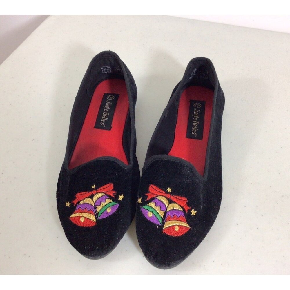 Vintage Jingle Bells Christmas Black Velvet Shoes Flats Womens 7.5